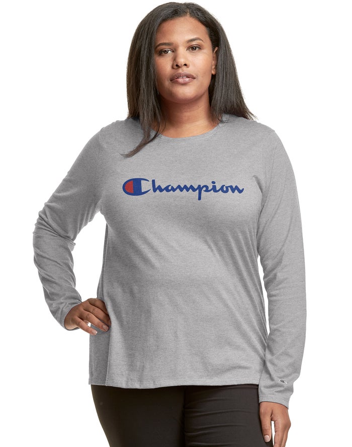 Champion Dame T-Shirts Grå - Plus Classic Long-Sleeve Script Logo - Danmark ZCG-514367